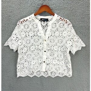 Alice Blue Crochet Lace Top Button Front Womens Size S White Floral Scallop Boho